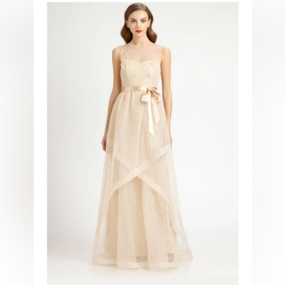 Rickie Freeman For Teri John Swiss Dot Gold Sheer Tulle and Lace Gown 16